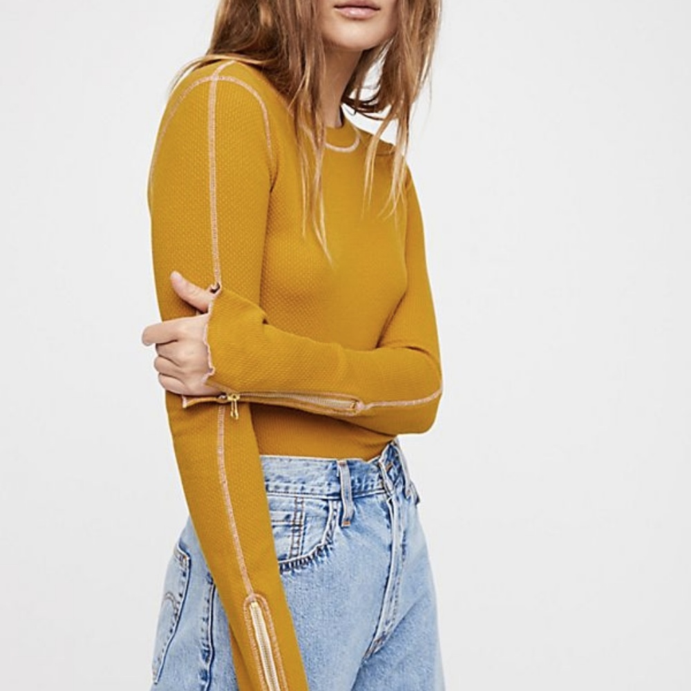 Free People Long Sleeve Army Green and Orange Top